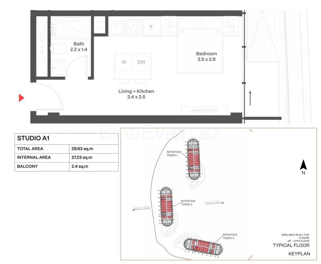 Sea Breeze Kazino yanında Reportage Heightsdə dəniz mənzərəli Studiya satılır